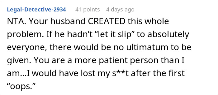 Reddit comment criticizing a man for ignoring his wife's privacy plea regarding pregnancy.