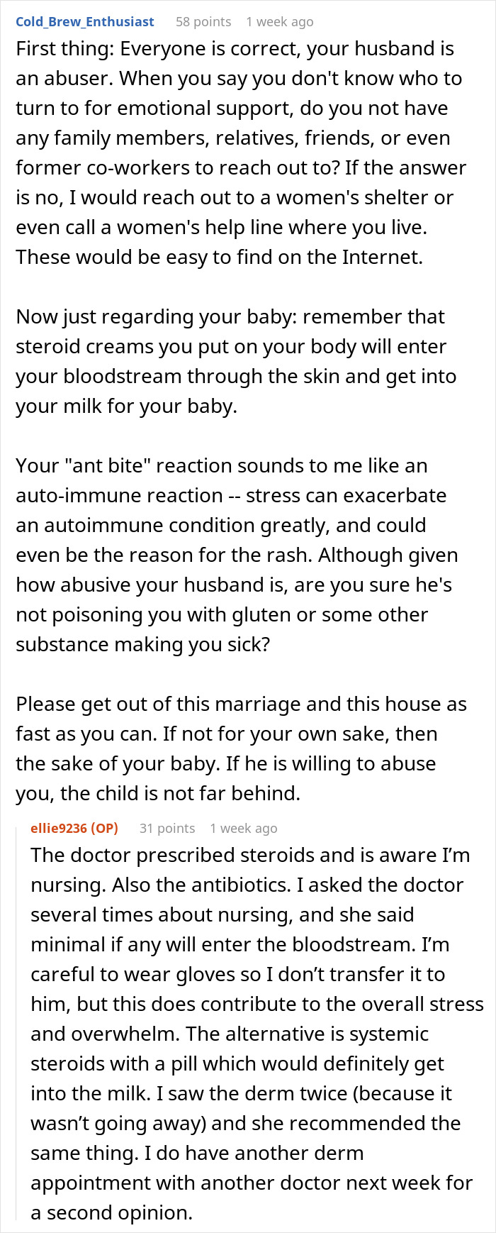 A comment thread discussing a new mom feeling overwhelmed due to an abusive husband.