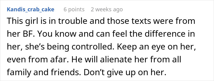 Comment discussing concern for a friend's wellbeing and signs of being controlled.