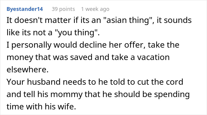 Comment addressing MIL vacation involvement, suggesting a new trip without her for the couple.