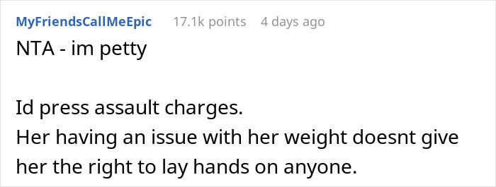 Reddit comment discussing weight issues and personal boundaries, highlighting differing opinions on body image.