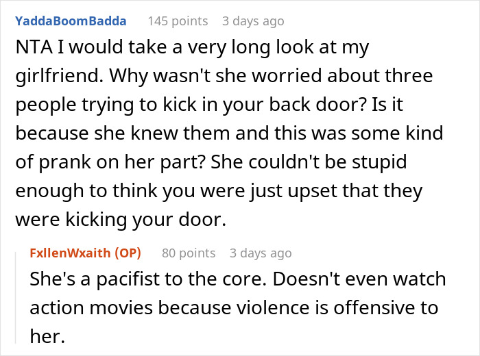 Reddit thread discussing a guy's decision to threaten intruders, with opposing views and concerns about violence.