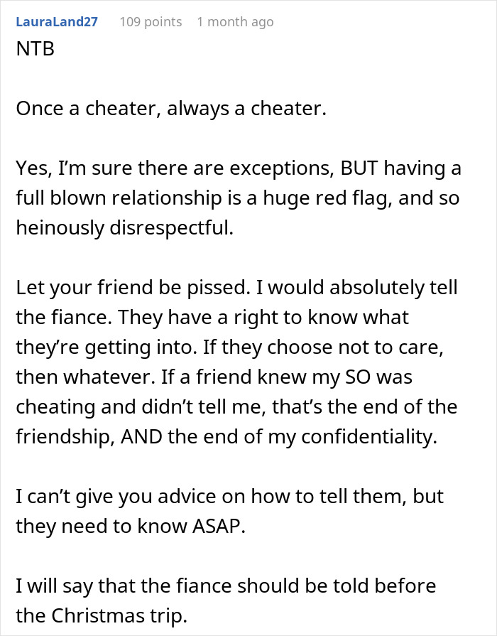 Text screenshot discussing relationship issues and advice on handling a friend's affair confession.