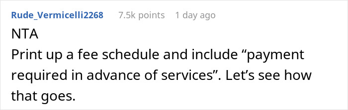 A comment suggesting teen to create a fee schedule for babysitting services.