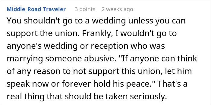 Text comment expressing views on attending weddings and supporting the union.