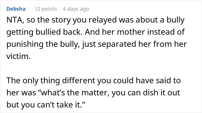 Reddit comment discussing a story about a bully getting bullied back and parental intervention.