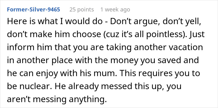 Forum comment discussing a vacation dilemma involving MIL joining a couple's trip.