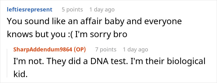 Reddit comments about family dynamics and DNA test results.