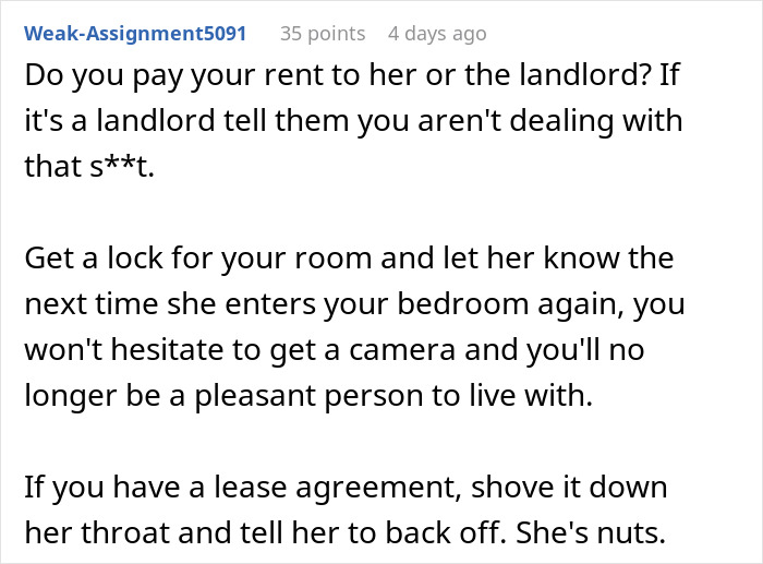 Text screenshot of a comment discussing roommate issues and made-up house rules.