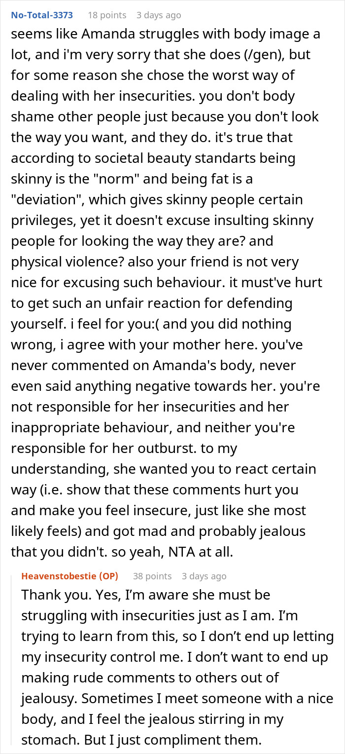 Reddit text exchange about body image, focusing on insecurity and being 'skinny'.