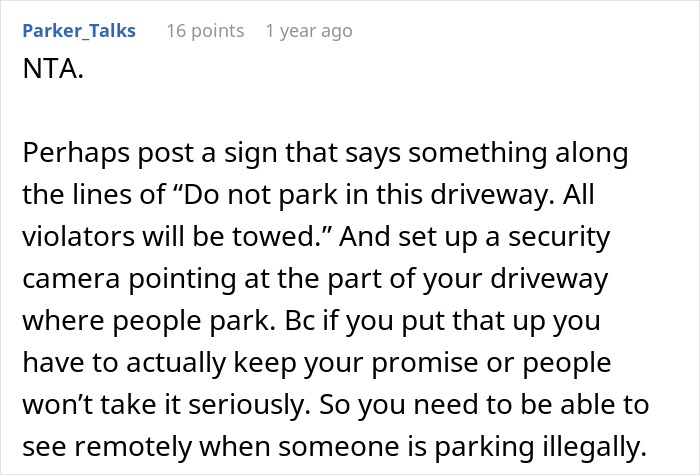 Comment suggesting a sign and security camera to prevent car-blocking in driveway.