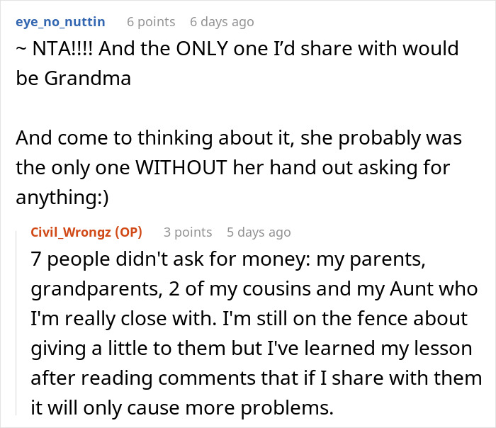 Reddit comments discuss sharing lottery winnings, mentioning family and potential issues.