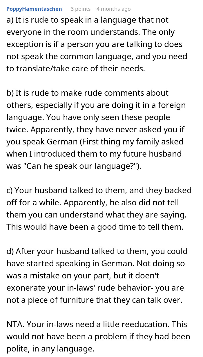 Text exchange discussing a Canadian woman's reaction to rude comments made by her husband's family in German.