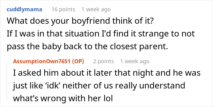 Screenshot of a Reddit conversation about the drama of a MIL holding a baby, discussing the boyfriend's reaction.