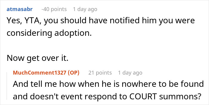 Reddit users debate on adoption notification responsibility.