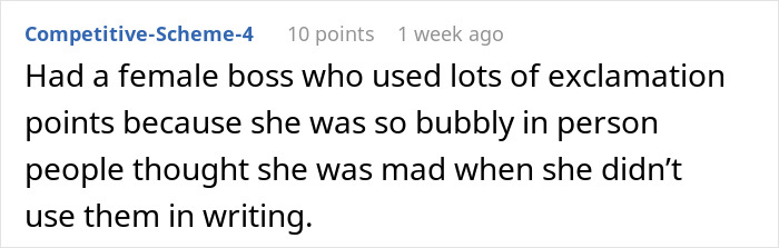 Reddit comment discussing a female boss's email style and use of exclamation points.