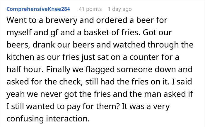 Text screenshot about being overlooked by staff in a brewery, leading to a confusing situation.