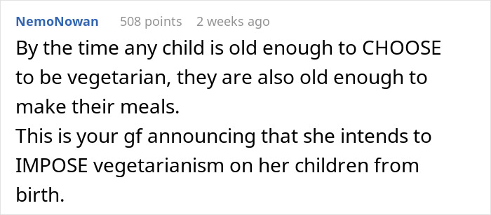 Comment discussing vegetarianism for children and meal preparation independence.