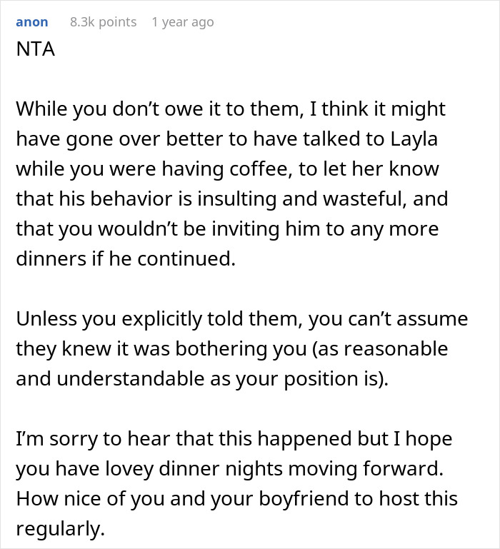 Discussion post about behavior at dinner parties, addressing issues of food wastage and social etiquette.