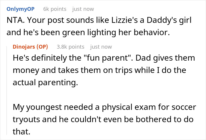 Reddit comments discussing parenting roles related to a daughter's senior trip with boyfriend.