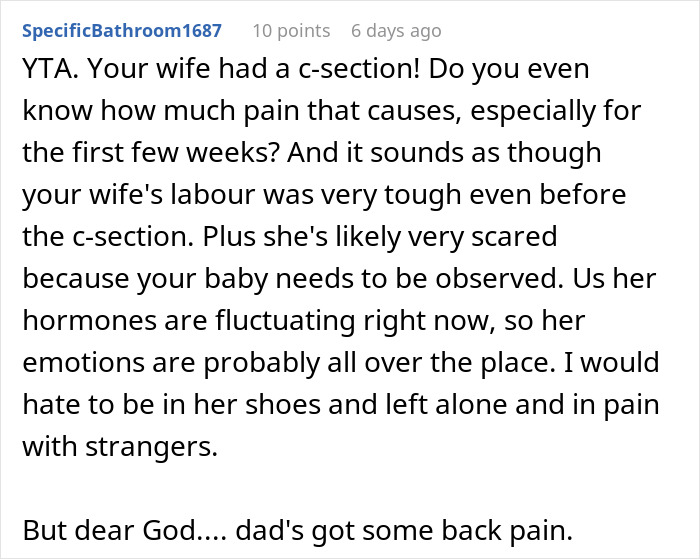 Comment critiquing a man for not staying with his wife after her c-section.