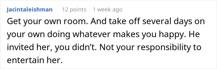 Comment advising to book own room for privacy during vacation with MIL.