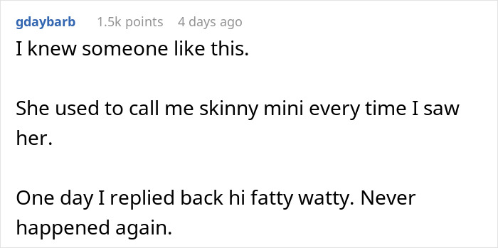 Reddit comment discussing a reply to being called "skinny," using humor to address body size comments.