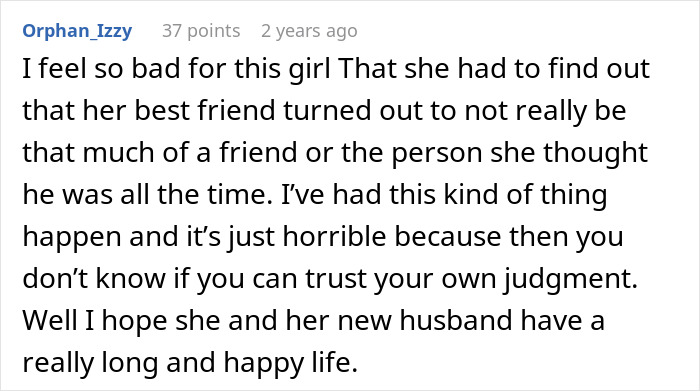 Reddit user expresses empathy for a bride who discovers a love confession from her best friend, impacting her trust.