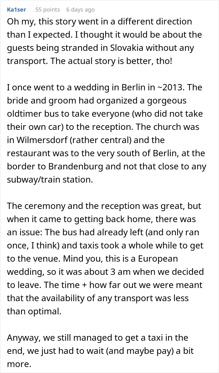 Text conversation about a wedding transport story in Berlin; newlyweds’ taxi plan causes stress.