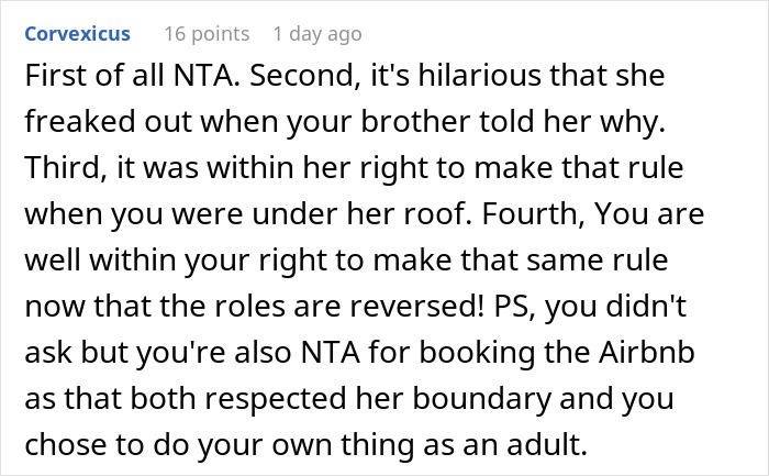 Comment discussing respecting boundaries and rules, mentioning Airbnb as a solution for visiting mother and her boyfriend.