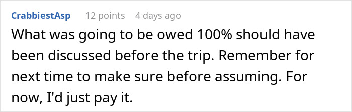 Reddit comment about discussing vacation costs in advance, suggesting to pay unexpected bills.