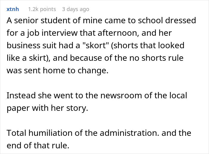 Text highlighting dress code loophole leading to administrative change and inspired school compliance.