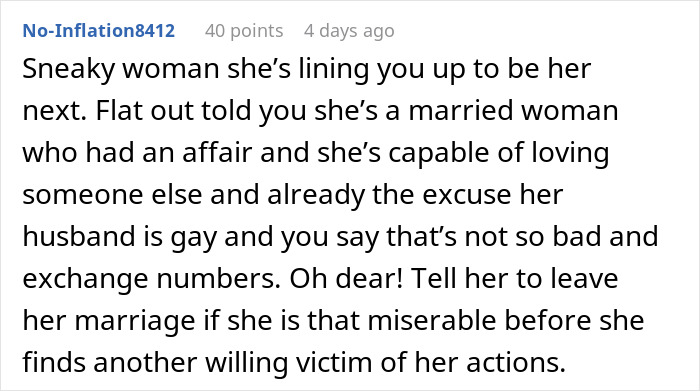 Reddit comment discussing a married woman's affair confession to a stranger.