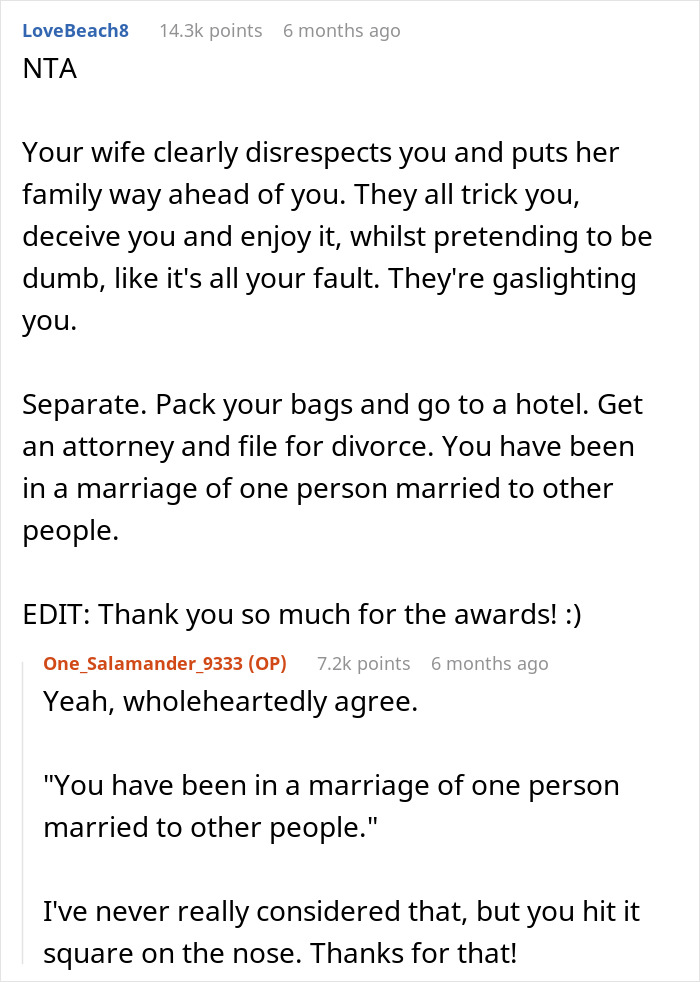 Reddit comment discussing in-laws brunch dinner exclusion and relationship issues.