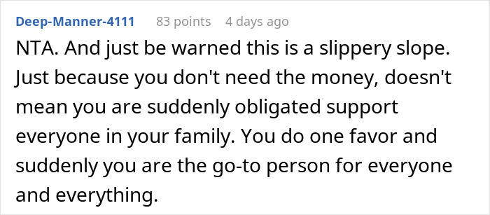 Reddit comment discussing family dynamics and the consequences of financial favors.