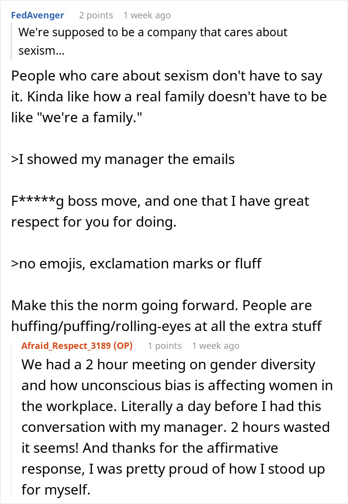 Comments discuss woman's email style copying men's, highlight sexism and professionalism in workplace.