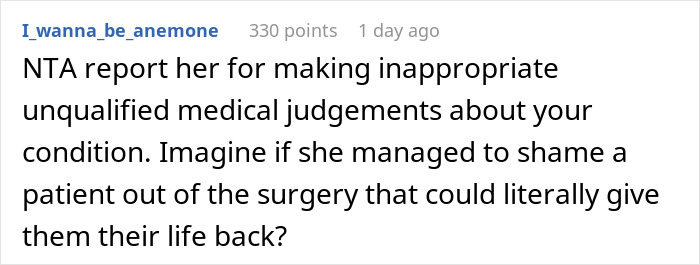 Comment criticizing a nurse's inappropriate medical judgment about a hysterectomy appointment.