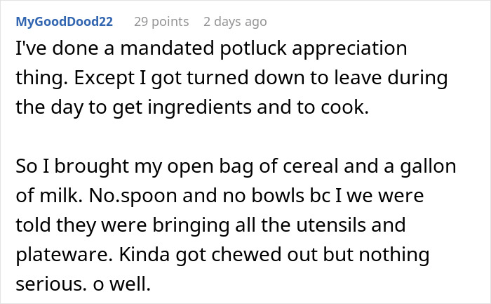 Text from an appreciation potluck where disappointment is described, mentioning cereal and milk without utensils.