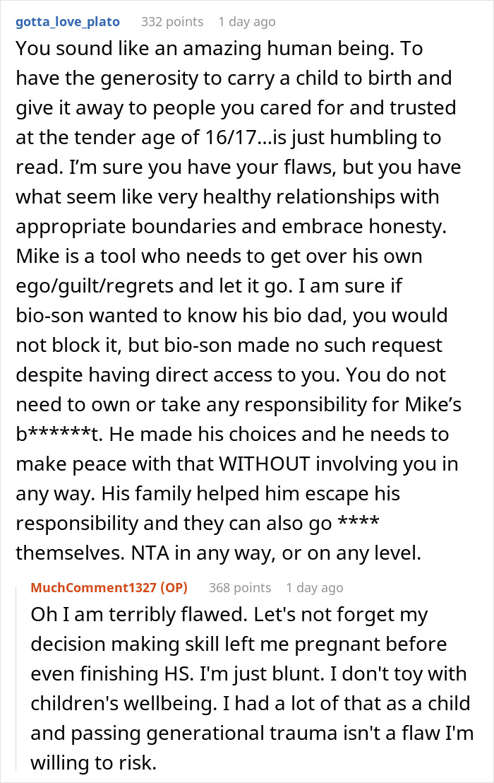 Reddit comment discussing a teen's decision to give up a child for adoption and dealing with guilt.