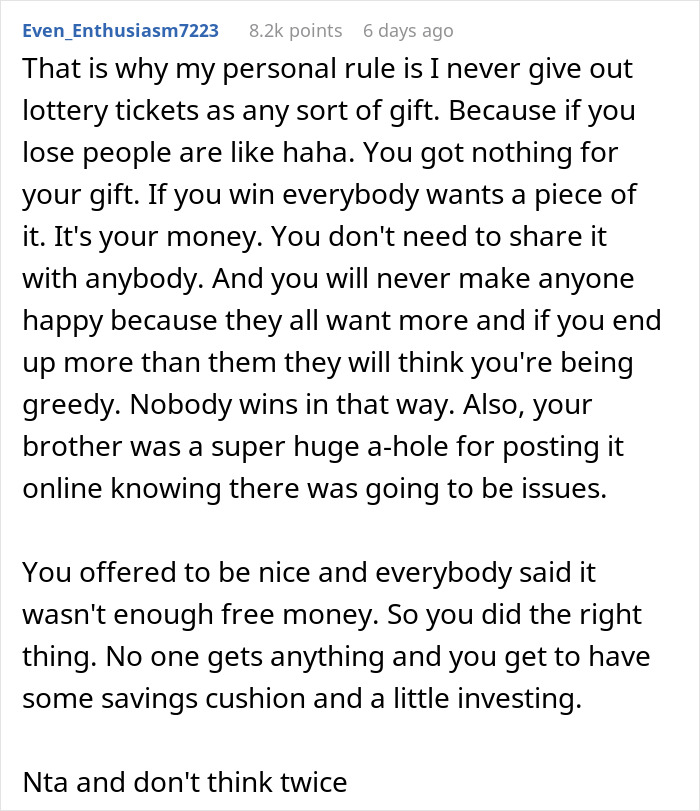 Text discussing not sharing lottery winnings from a gift, focusing on the idea of fairness and personal rules.