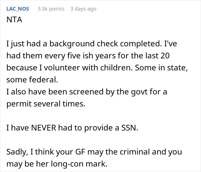 Text discussing a background check and concerns about providing a boyfriend's Social Security number to a girlfriend.