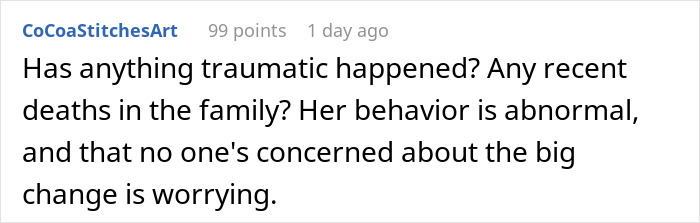 A comment on husband-daughter responsibility, discussing concerns about abnormal behavior and family trauma.