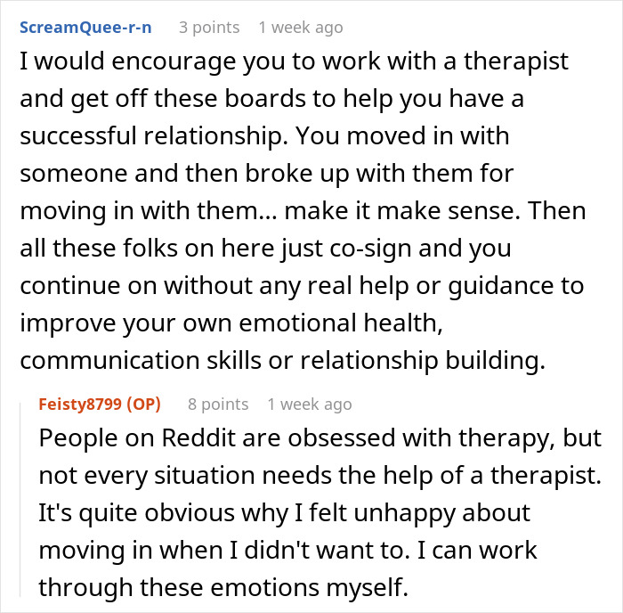 Screenshot of a Reddit conversation discussing relationship advice and therapy.