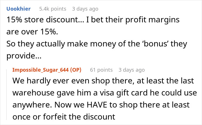 Text exchange discussing a man’s year-long ten-hour shifts and store discount bonus compared to manager's $11k bonus.