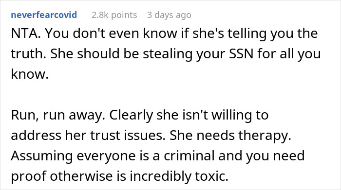 Screenshot of a comment discussing trust issues related to a girlfriend wanting a boyfriend's social security number for background checks.