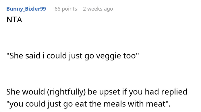 Reddit comment debating a vegetarian wife's upset reaction over meat-free meal prep.