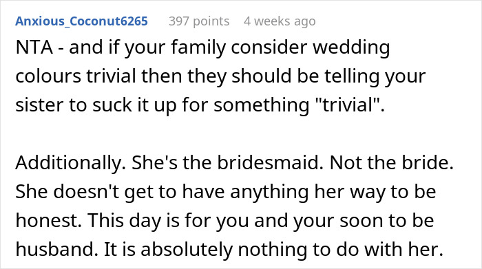 Reddit comment on wedding drama discussing bridesmaid's color scheme demands.