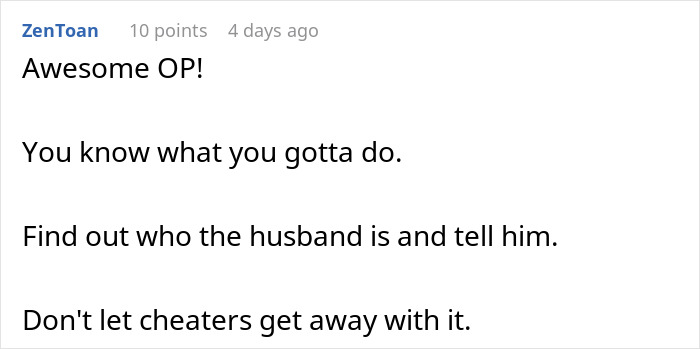 Reddit comment urging someone to reveal a colleague's wife's affair, mentioning confronting her husband.