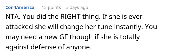 Comment supporting use of gun for defense against intruders, mentioning relationship advice.