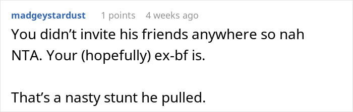 Reddit comment criticizing a boyfriend's actions during his birthday dinner regarding payment expectations.